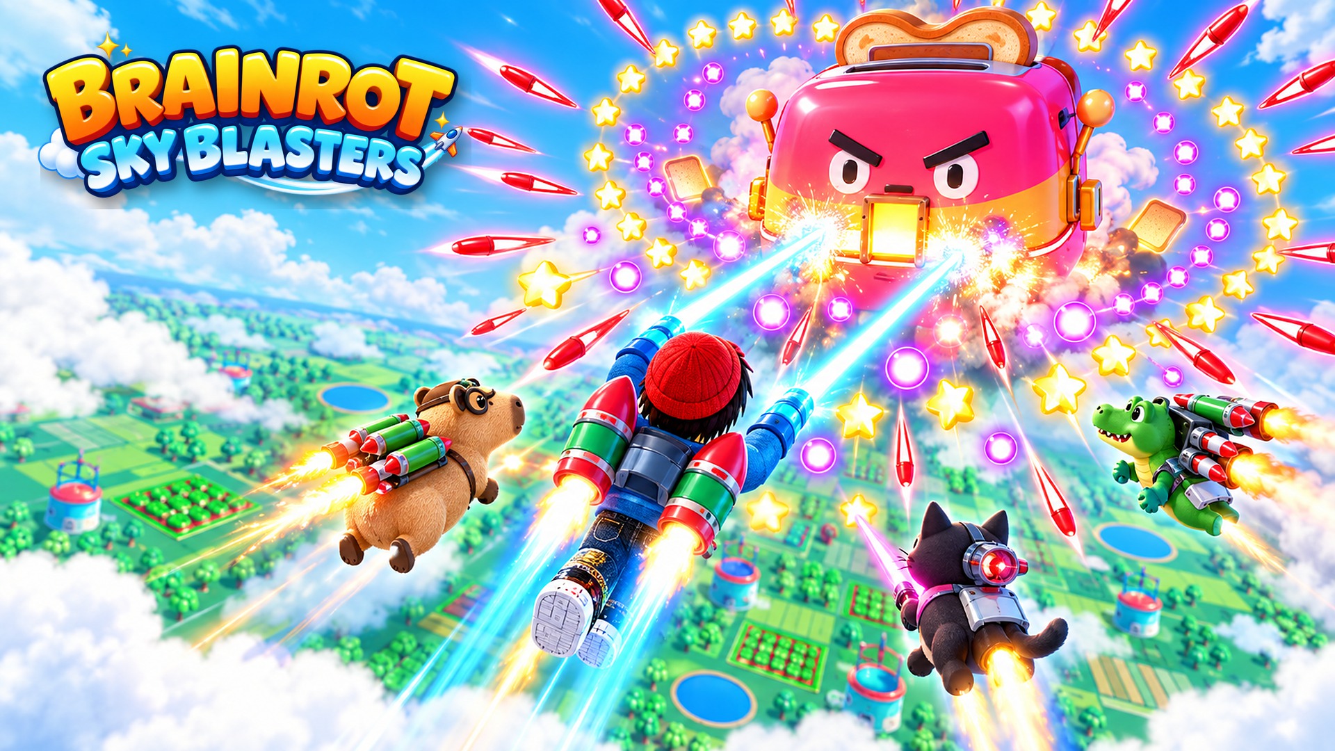 Brainrot Sky Blasters — jetpack flyers face a giant toaster boss in the sky
